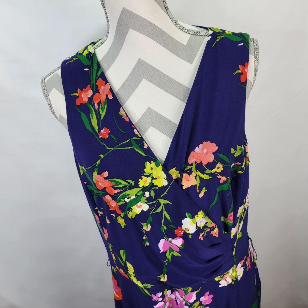 Lauren Ralph Lauren Faux Wrap Navy Floral Sleeveless Midi Dress Side Zip Size 16 - Picture 8 of 12